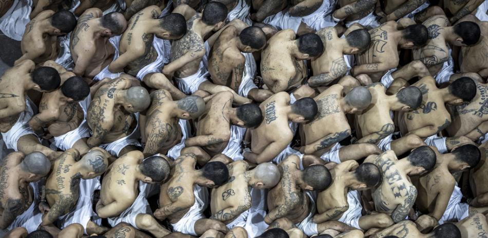 Esta fotografía facilitada por la Secretaría de Prensa de la Presidencia de El Salvador muestra a decenas de presos señalados como pandilleros en el Centro de Confinamiento del Terrorismo en Tecoluca, San Vicente, en El Salvador.