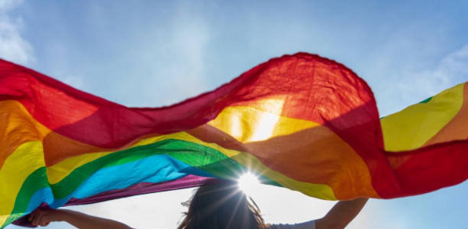 Mujer joven ondeando la bandera LGBTQ.