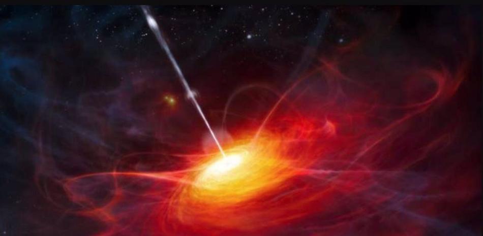 Representación artística del disco de acreción en ULAS J1120+0641, un quásar muy distante impulsado por un agujero negro supermasivo con una masa dos mil millones de veces mayor que la del Sol.