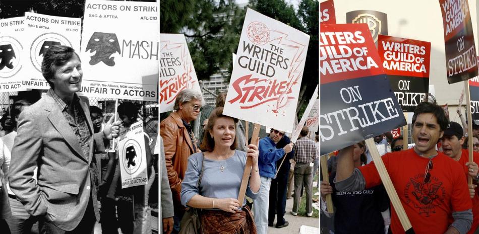 Esta combinación de fotografías muestra, desde la izquierda, al actor Alan Alda de la serie "M*A*S*H*" protestando en los estudios Twentieth-Century Fox en Los Ángeles, el 6 de agosto de 1980, la actriz Patty Duke con guionistas en huelga en 20th Century Fox Studios en Los Ángeles el 8 de marzo de 1988, y el actor John Stamos, miembro del elenco del drama "ER", apoya a los miembros del Sindicato de Guionistas de Estados Unidos mientras protestan fuera de Warner Bros. Television Studios. en Los Ángeles el 6 de noviembre de 2007