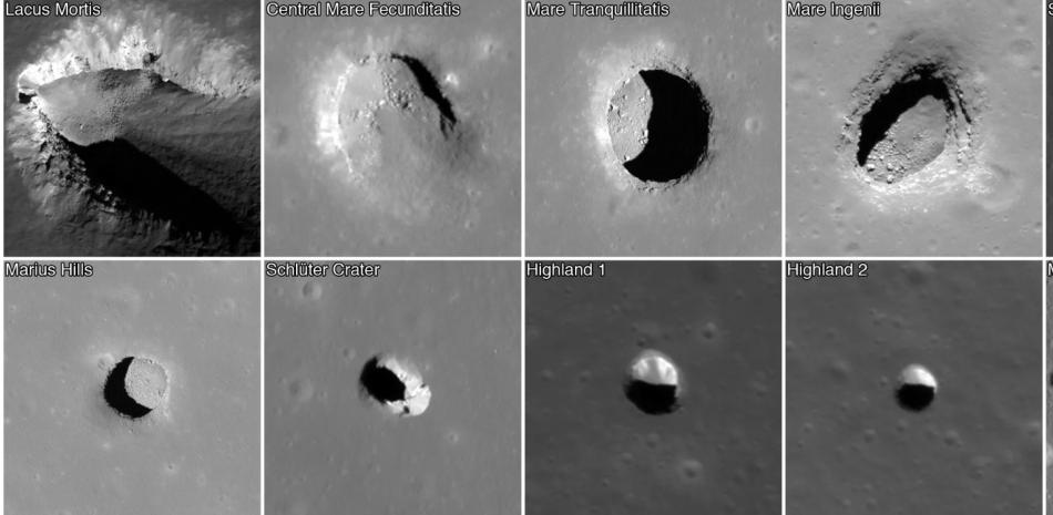 Estas imágenes de la sonda espacial LRO de la NASA muestran una serie de hoyos detectados en la Luna. Cada imagen cubre un área de unos 220 metros de ancho.