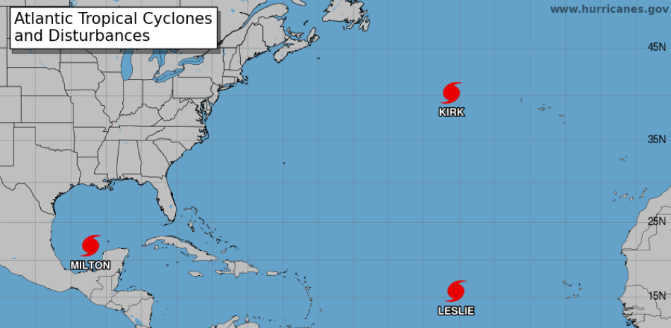 La imagen muestra la trayectoria de los huracanes Milton, Leslie y Kirk