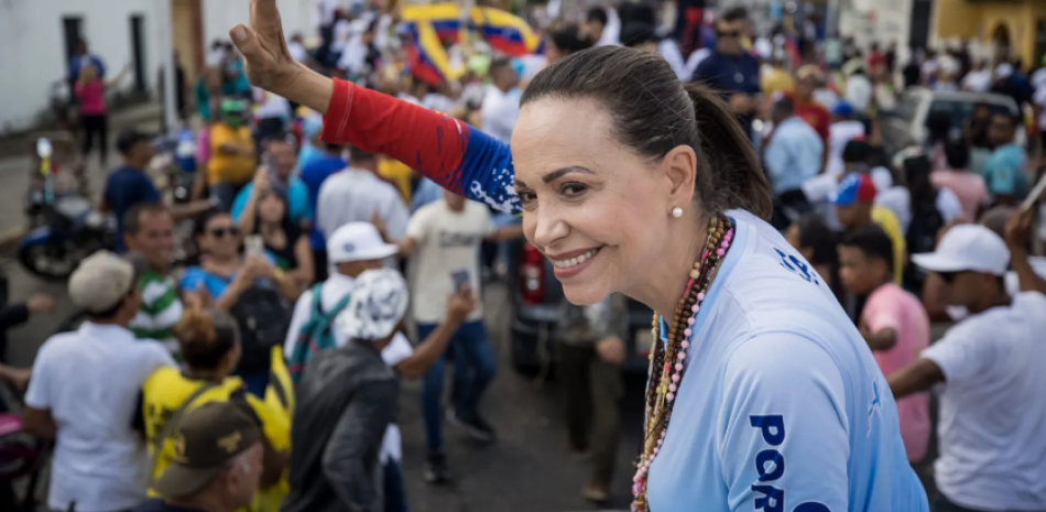 Fotografía que muestra a la líder opositora, Maria Corina Machado, en un acto de campaña el 17 de julio del 2024 en Guanare (Venezuela)