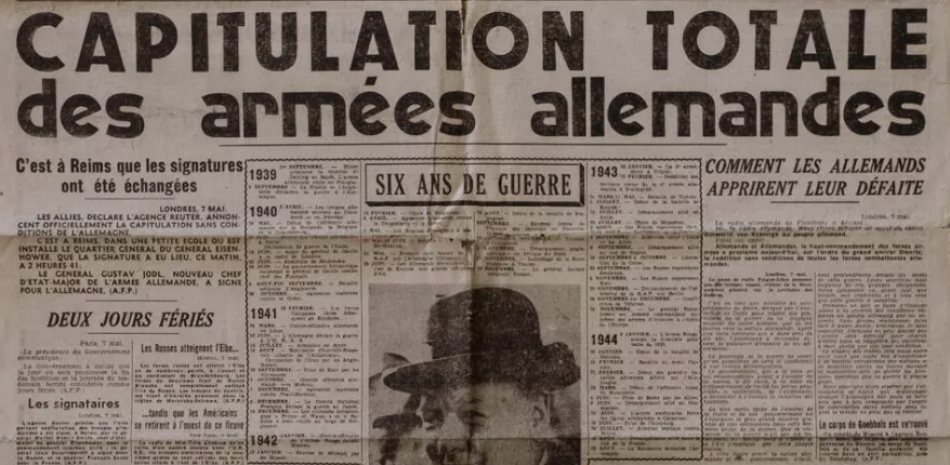 Portada de L'Espoir del 7 de mayo de 1945 anunciando la rendición en Reims. Archivos familiares.