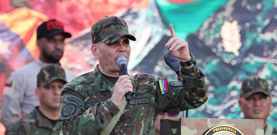Defense Minister Vladimir Padrino Lopez speaks during a march in support of President Nicolas Maduro in Caracas, Venezuela, Tuesday, Sept. 23, 2025. (AP Photo/Jesus Vargas)