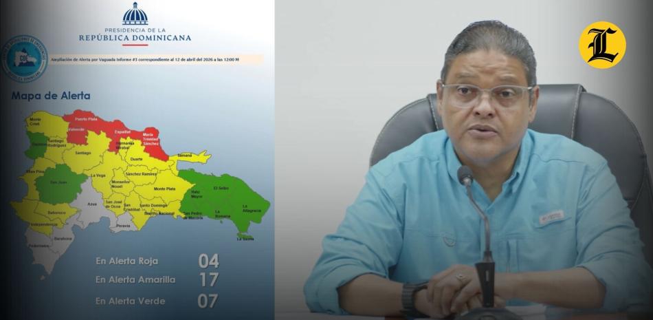Reporte oficial del Centro de Operaciones de Emergencias (COE) detallando las provincias bajo niveles de alerta Roja, Amarilla y Verde. El director de la institución hace un llamado a la población para mantenerse informada y proporciona los números de contacto directo para asistencia inmediata ante cualquier emergencia.