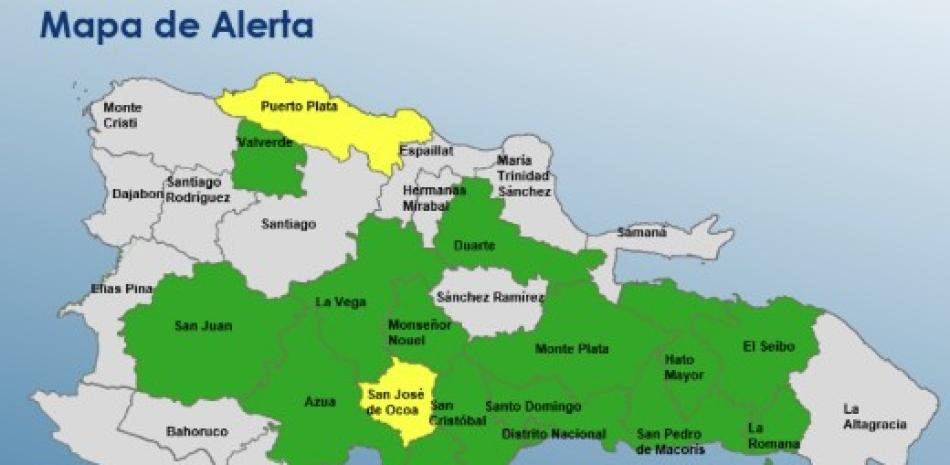 COE mantiene dos provincias en alerta amarilla y 15 en alerta verde