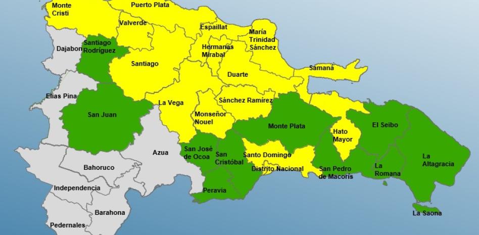 Gran Santo Domingo y 13 provincias en alerta amarilla; 10 en verde por vaguada