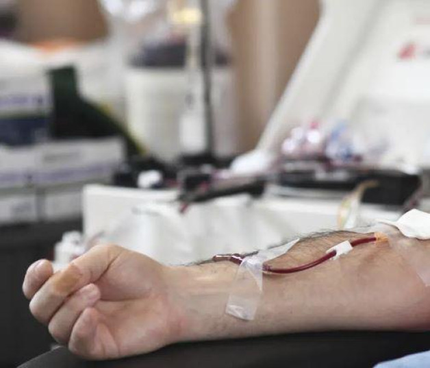 Una persona dona sangre a la Cruz Roja Americana durante una campaña de donación de sangre en Pottsville, Pensilvania, el jueves 13 de enero de 2022