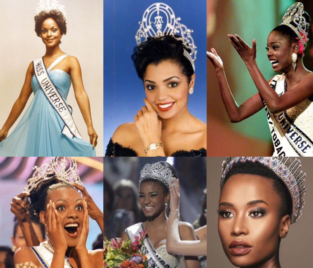 Fotografías de las Miss Universo Janelle Commissiong, Chelsi Smith, Wendy Fitzwilliam, Mpule Kwelagobe, Leila Lopes y  Zozibini Tunzi