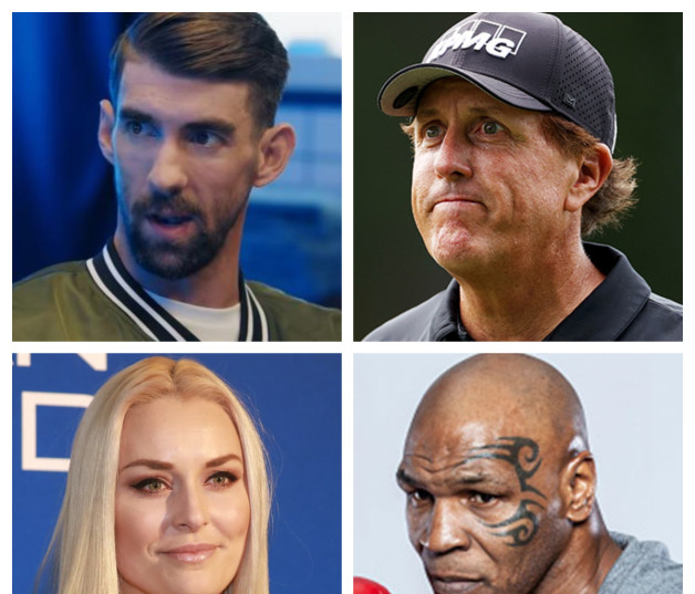 De izquierda a derecha, según las manecillas del reloj, Michael Phelps, Phil Mickelson, Mike Tyson y Lindsey Vonn.