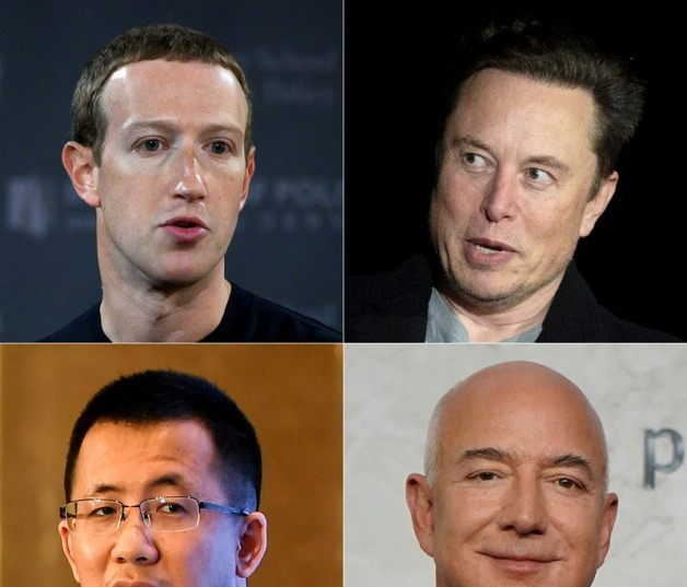 Foto de AFP. Mark Zuckerberg, Elon Musk, Zhang Yiming y Jeff Bezos.
