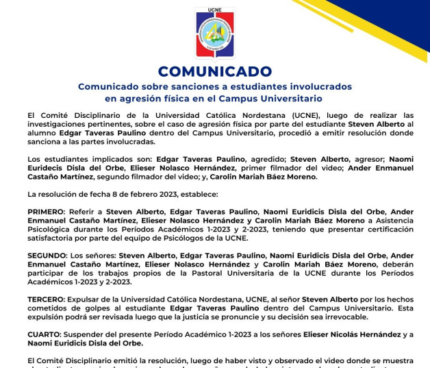 Comunicado de la Universidad Católica Nordestana (UCNE).