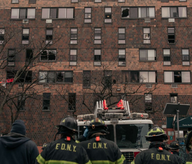 Bomberos frente a un edificio incendiado en el Bronx, Nueva York, el 09 de enero del 2022. Foto: Scott Heins / AFP