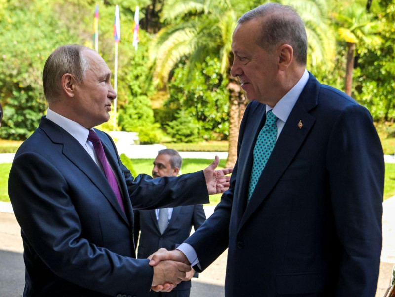 El presidente ruso Vladimir Putin saluda al presidente turco, Recep Tayyip Erdogan, a su llegada al centro turístico ruso de Sochi, en el Mar Negro, Rusia.