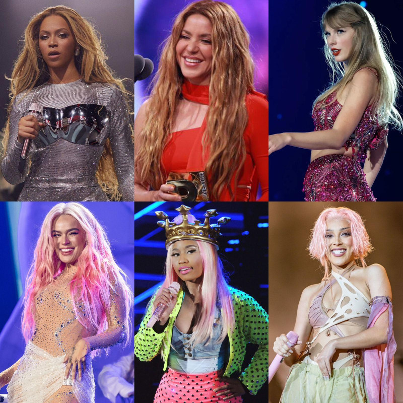 Desde la izquierda, Beyoncé, Shakira, Taylor Swift, Karol G, Nicki Minaj y Doja Cat