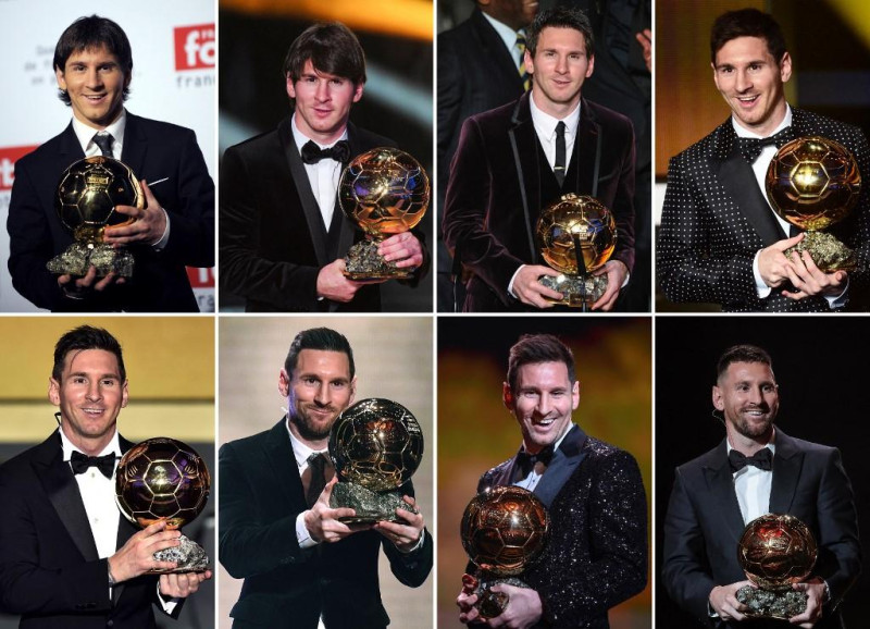 Estas fotografías muestra a Lionel Messi reaccionando al recibir el Balón de Oro (arriba, de izq. a dcha.) para el año 2009; 2010; 2011; 2012. Abajo de izda. a dcha. para el año 2015; 2019; 2021; y para el 2023.