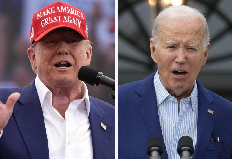 El virtual candidato republicano a la presidencia, el expresidente Donald Trump (izquierda), habla durante un evento de campaña en Las Vegas, el 9 de junio de 2024. En el lado derecho, el presidente Joe Biden durante un evento en la Casa Blanca, Washington, el 4 de junio de 2024.