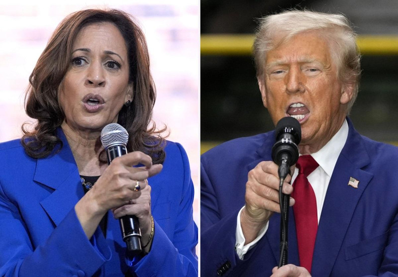 En esta combinación de fotos tomadas en Pennsylvania, la candidata presidencial demócrata y vicepresidenta Kamala Harris habla en un evento de campaña, el 18 de agosto de 2024, en Rochester, izquierda, y el candidato presidencial republicano y expresidente Donald Trump habla en un evento de campaña, el 19 de agosto de 2024, en York.