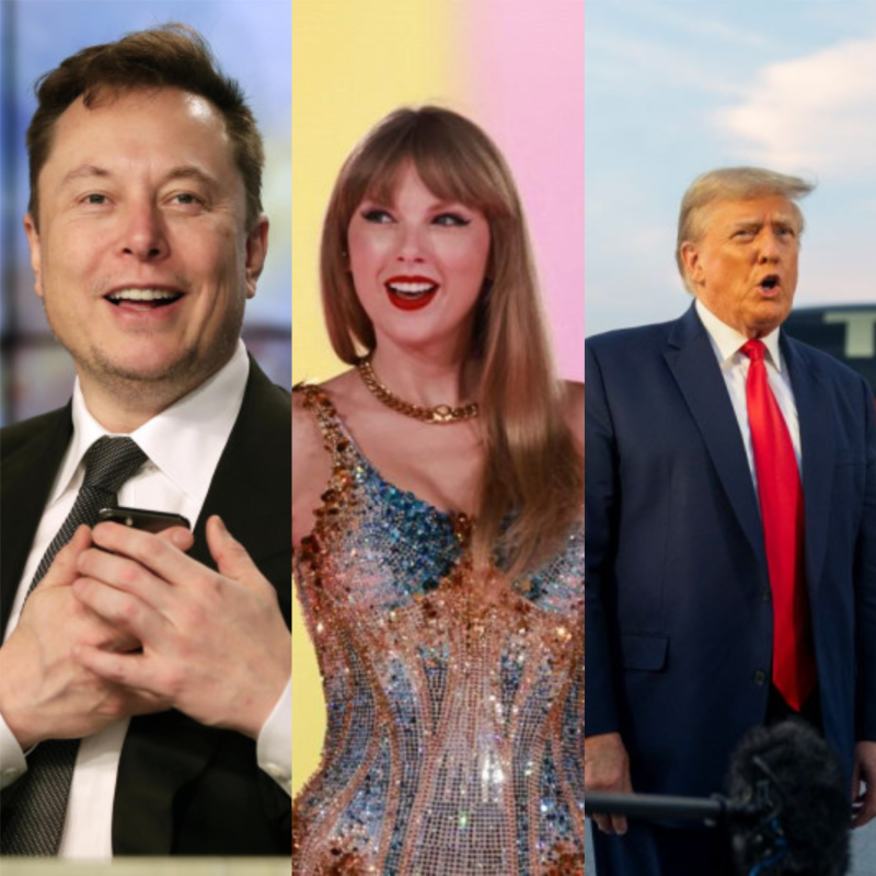 El magnate, Elon Musk, la cantante, Taylor Swift y el candidato presidencial, Donald Trump.