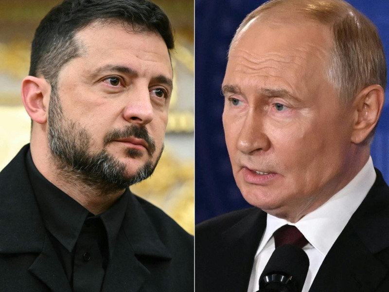 Imagen muestra a los pesidentes Volodymyr Zelensky de Ucrania y Vladimir Putin de Rusia.