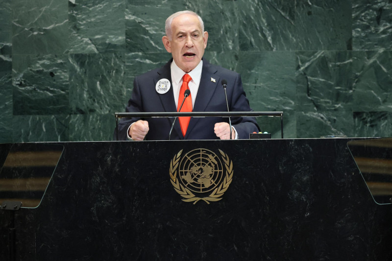 El Primer Ministro de Israel, Benjamín Netanyahu, se dirige a la Asamblea General de las Naciones Unidas (AGNU) en la sede de las Naciones Unidas el 26 de septiembre de 2025 en la ciudad de Nueva York.