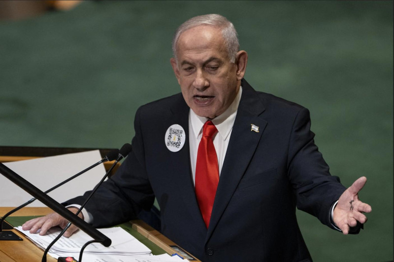 El primer ministro de Israel, Benjamín Netanyahu, al hablar a la Asamblea General de las Naciones Unidas (AGNU) en la sede de las Naciones Unidas el 26 de septiembre de 2025 en la ciudad de Nueva York, Estados Unidos.