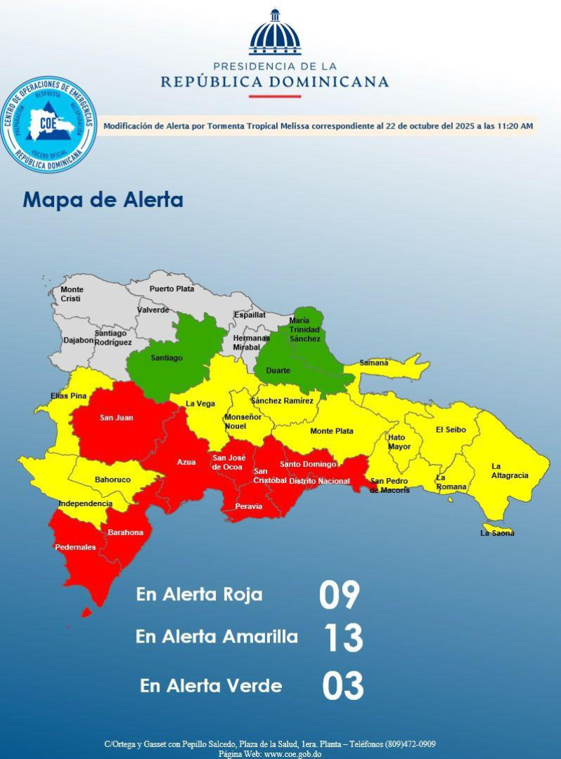 El Centro de Operaciones de Emergencias mantiene 25 provincias en alertas ante paso de tormenta Melissa.