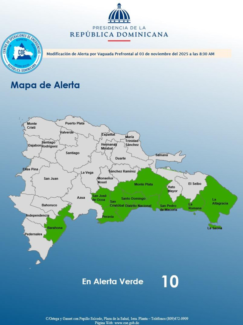 El COE mantiene 10 provincias en alerta verde.