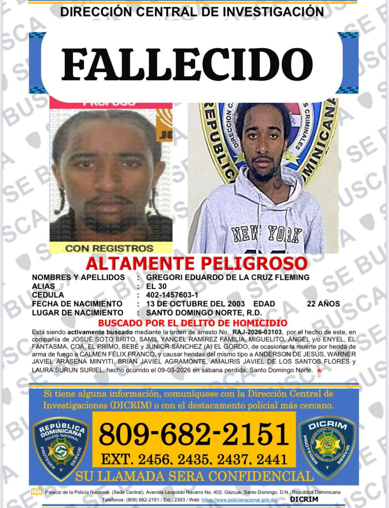 Se trata de Gregry Eduardo de la Cruz Flemin, alias “El 30”, de 22 años, quien falleció mientras recibía atenciones médicas a causa de múltiples heridas por proyectil de arma de fuego, tras atacar a los agentes actuantes en una intervención legal.
