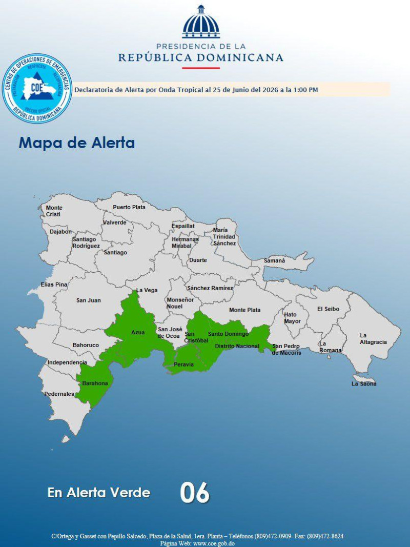 Mapa de alerta del boletín emitido por el COE a la 1:00 de la tarde.