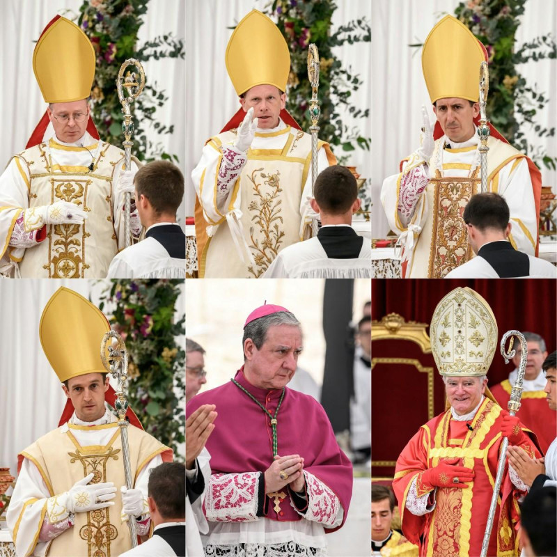 Esta composición de imágenes, creada el 2 de julio de 2026, muestra a los nuevos obispos consagrados de la corriente católica tradicionalista —el suizo Pascal Schreiber, el estadounidense Michael Goldade y los franceses Michel Poinsinet de Sivry y Marc Hanappier— durante la consagración cismática realizada por la Fraternidad Sacerdotal San Pío X (FSSPX) en Ecône, en el oeste de Suiza, el 1 de julio de 2026
