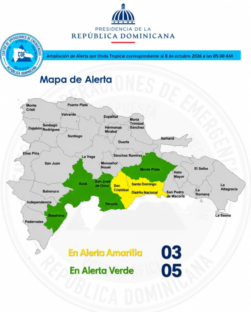 Hay 8 provincias en alerta ante los efectos de una onda tropical.