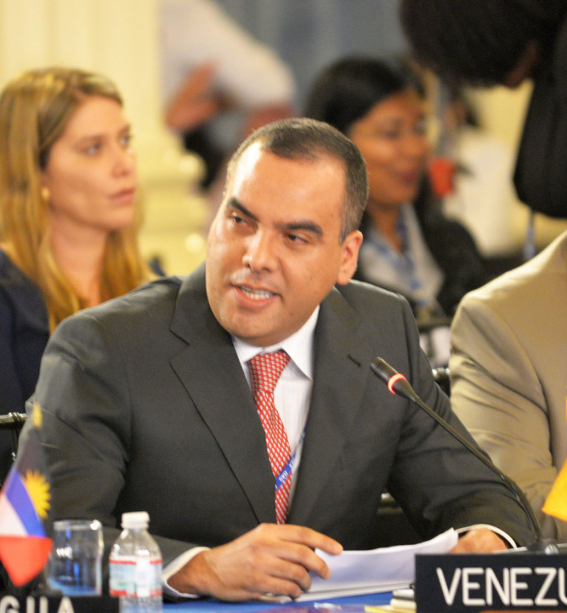Fotografía cedida por la OEA en donde aparece el viceministro para América del Norte de Venezuela, Alejandro Fleming, durante su intervención ante la 45ª Asamblea General de la Organización de Estados Americanos (OEA).