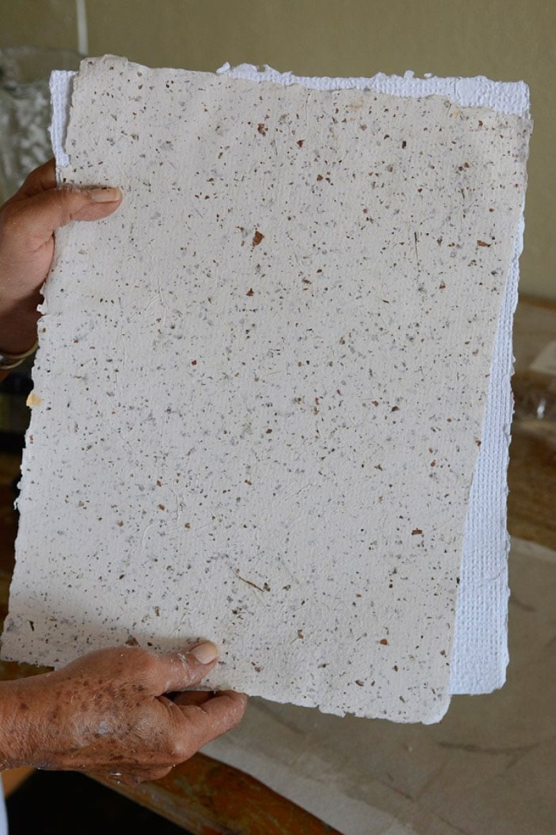RePapel es un proyecto enfocado en el reciclaje y reúso de papel apoyado por el Instituto Dominicano de Desarrollo Integral (IDDI).  La textura y el color de esta lámina fueron obtenidos con hojas de uva de playa.