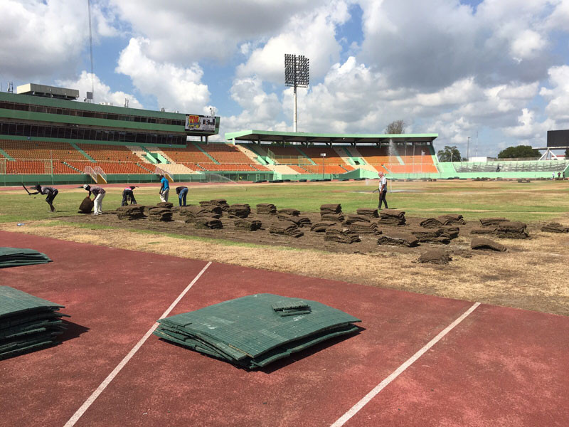 Una brigada de obreros trabaja desde principio de semana desmontando la vieja grama del Estadio Olímpico Félix Sánchez.