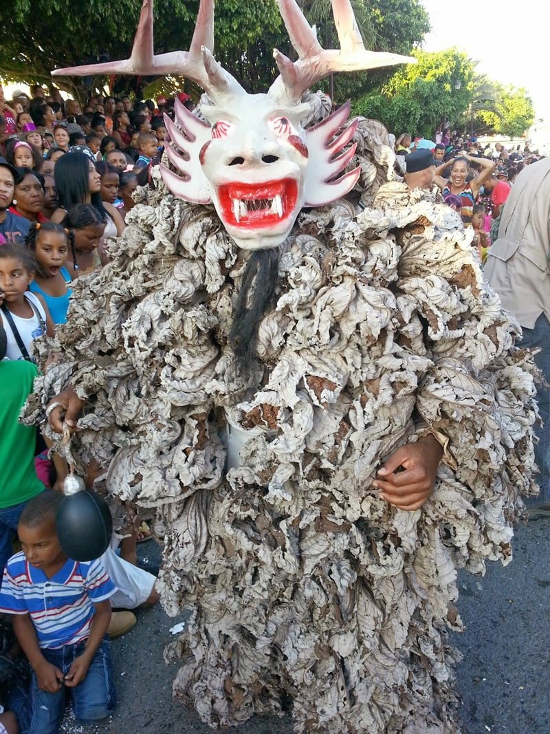 El ingenio del cotuisano. Un diablo con traje elaborado con hojas de yagrumo se pasea por las calles de Cotuí durante el carnaval 2014. Timoteo Estévez