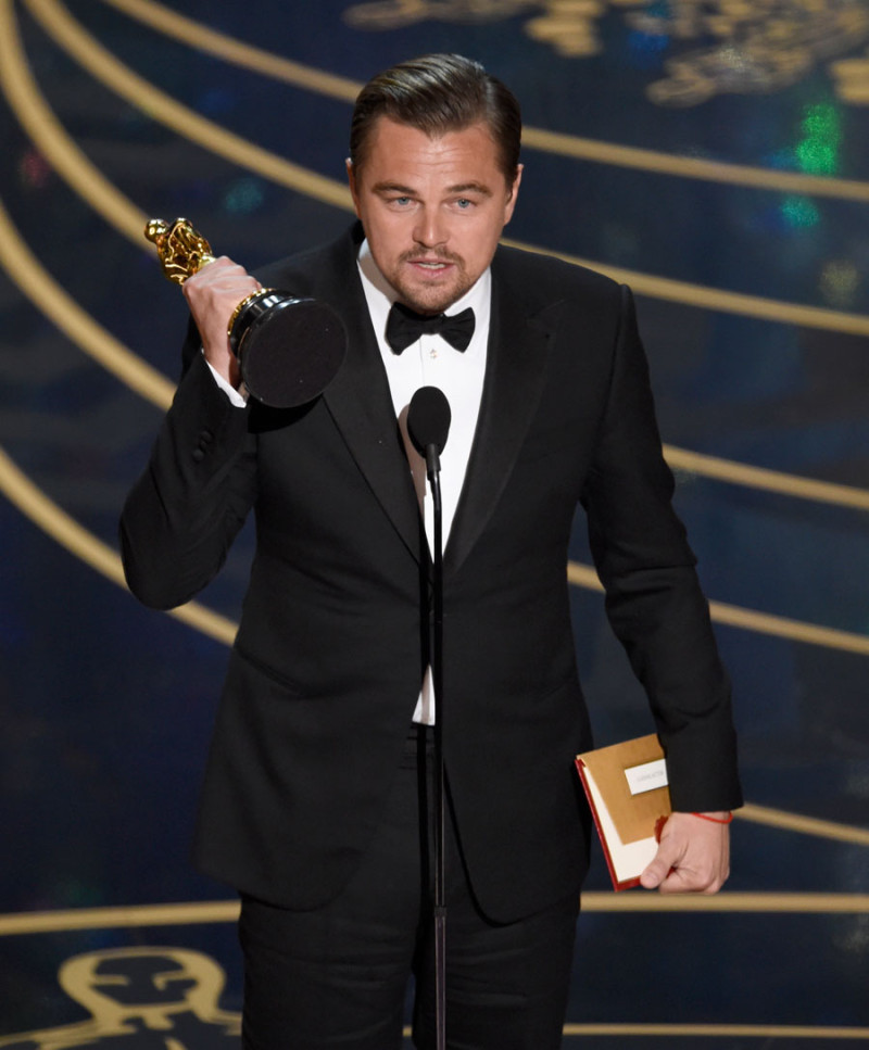 El Renacido. Leonardo DiCaprio cuando pronunciaba las palabras de agradecimiento por el Oscar logrado esta madrugada como mejor actor.