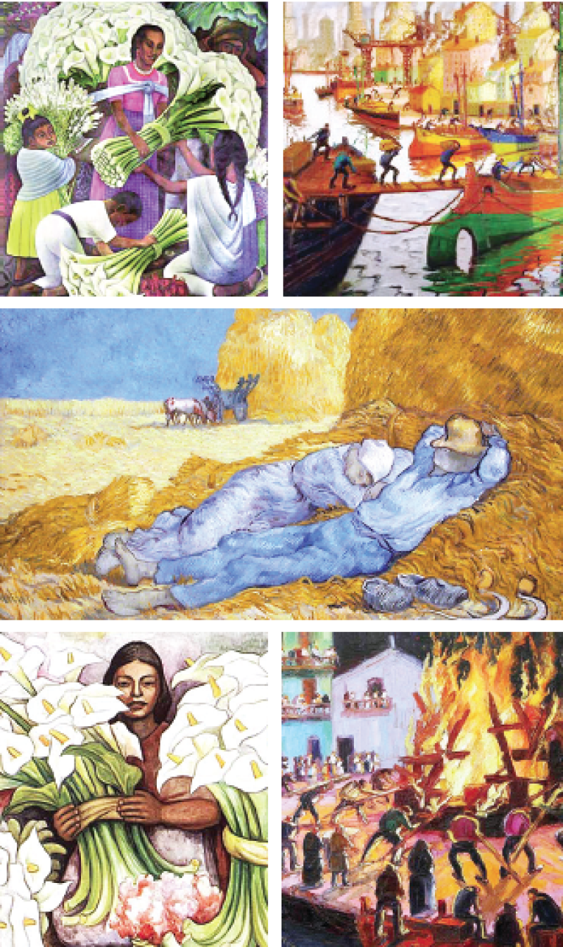 Cuadros. Arriba aparecen de Diego Rivera: "Vendedores de Flores", "Cargador de Flores". Abajo, de Van Gogh "El día del descanso".