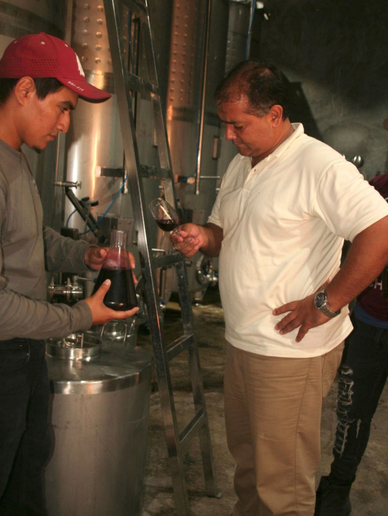 Cata. Mauricio Navarro, doctor en enología, hace las pruebas de laboratorio al vino en producción, en las bodegas del proyecto.