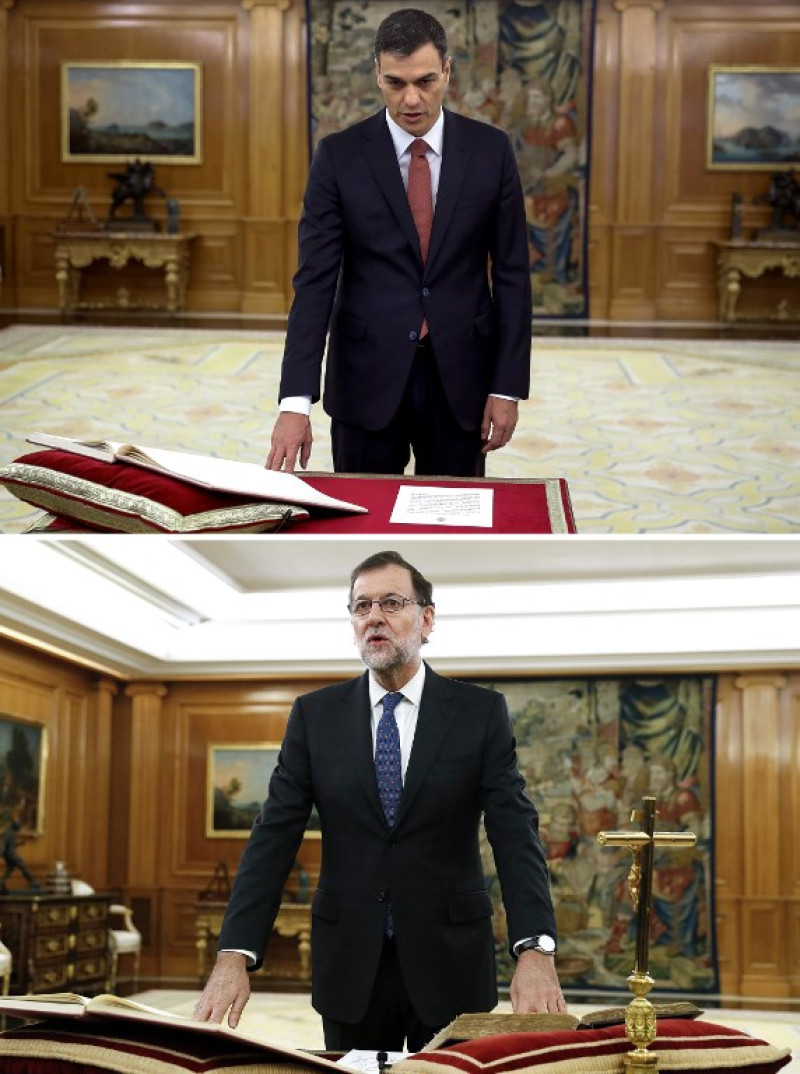 Pedro prometió a su cargo sin biblia ni crucifijos, a diferencia de todos los presidentes de la democracia de España. Composición de fotografía de la agencia AFP.