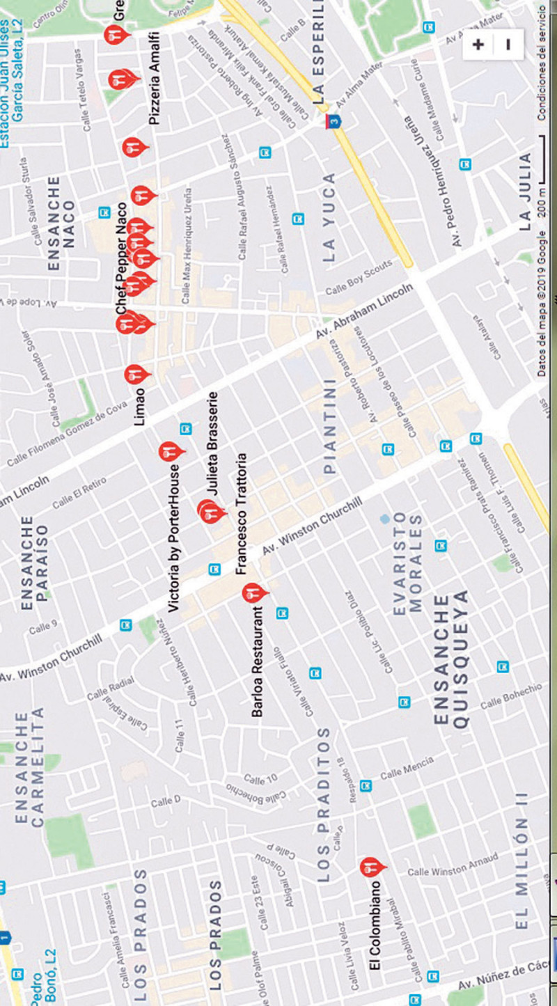 Ubicación de los principales establecimientos de comida en la Gustavo. GOOGLE MAPS.