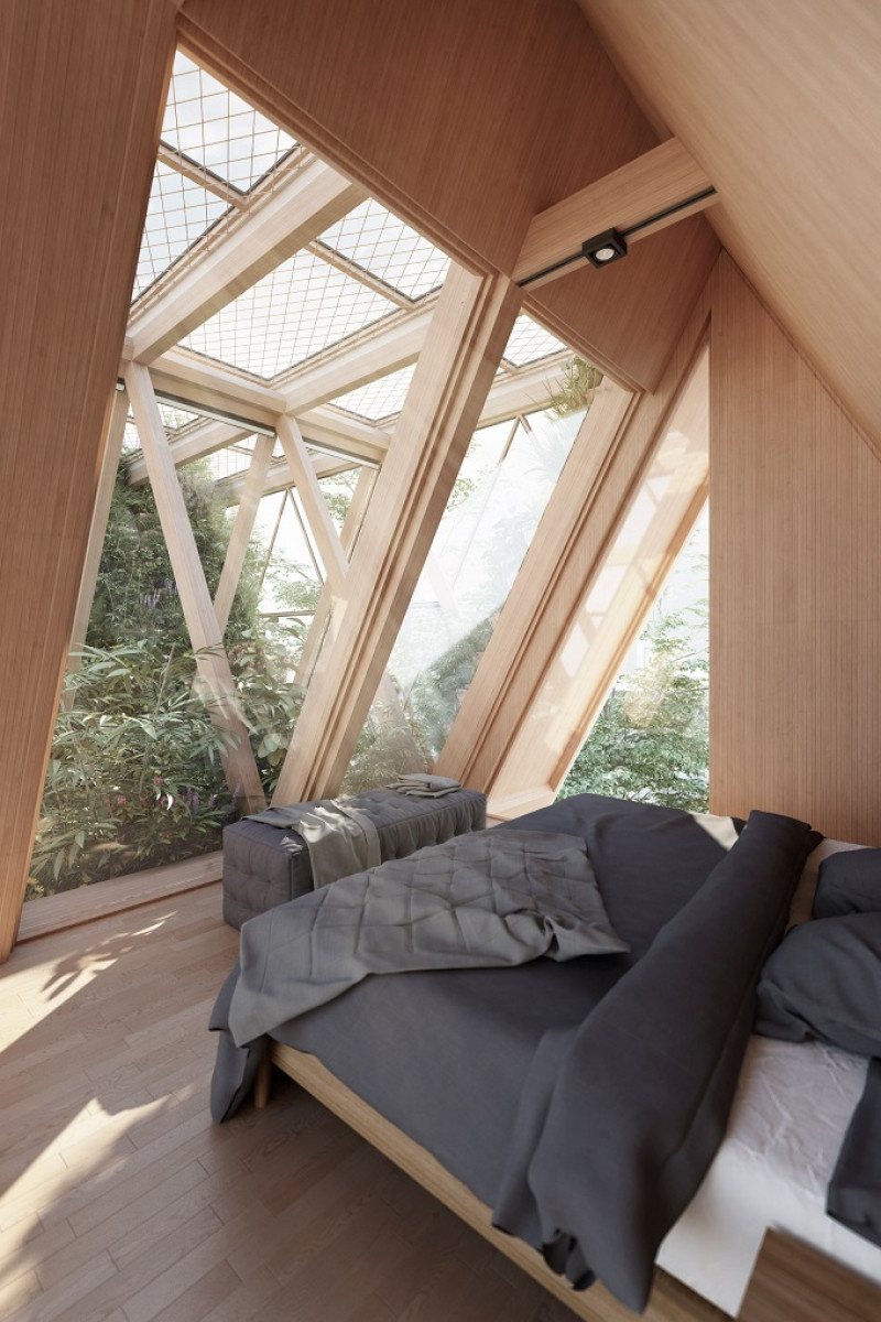 Las habitaciones son adecuadas a la estructura de madera que conforma el piso. Foto: Studio Precht