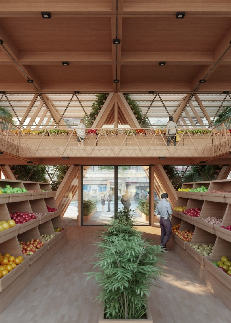 En The Farmhouse los alimentos se generarían en los pisos para venderse en un local común de la comunidad de vecinos. Foto: Studio Precht