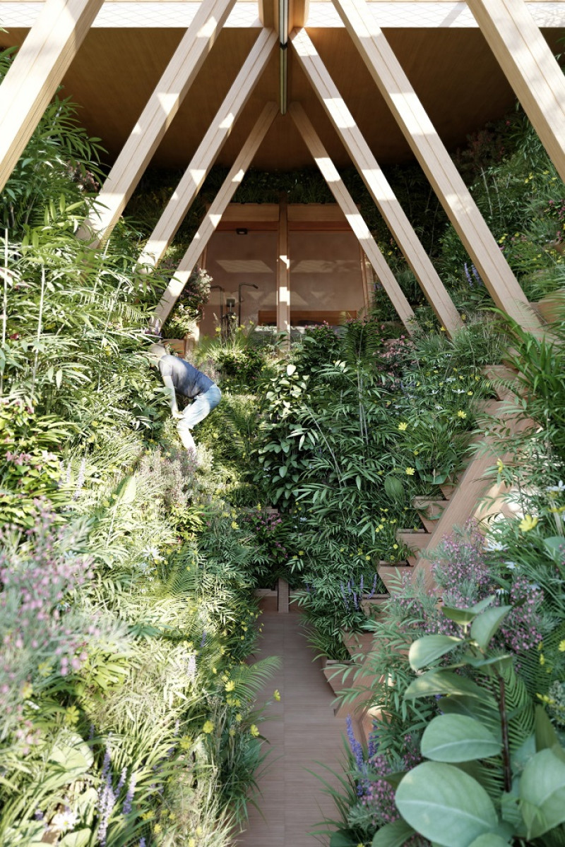 La estructura permite el cultivo de plantas y vegetales entre los pisos. Foto: Studio Precht