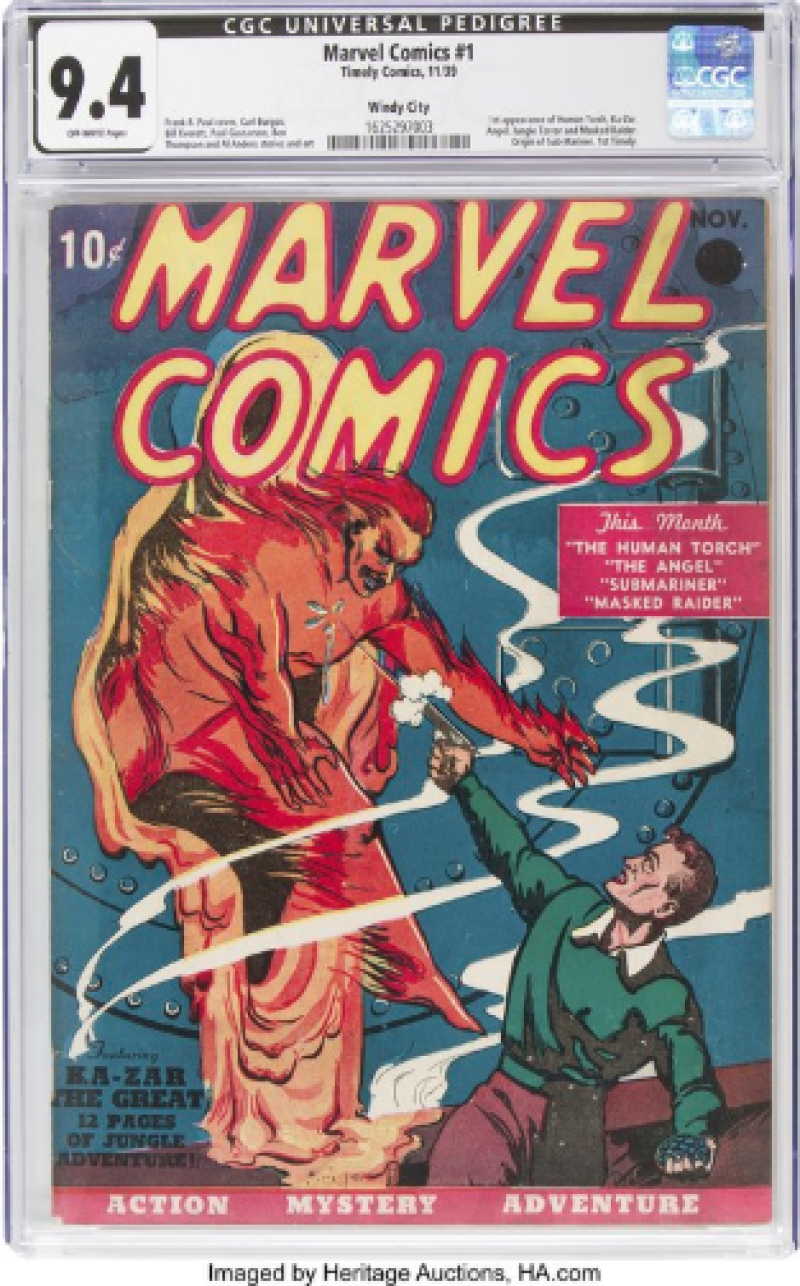 Fotografía del 8 de octubre de 2019 proporcionada por Heritage Comics de una copia en estado casi perfecto del primer cómic de Marvel Comics. (Heritage Auctions vía AP)