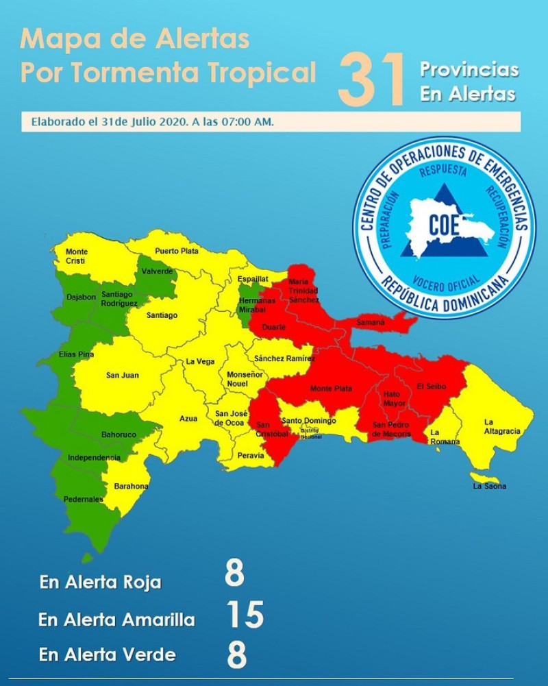 Mapa de las provincias en alerta. / COE