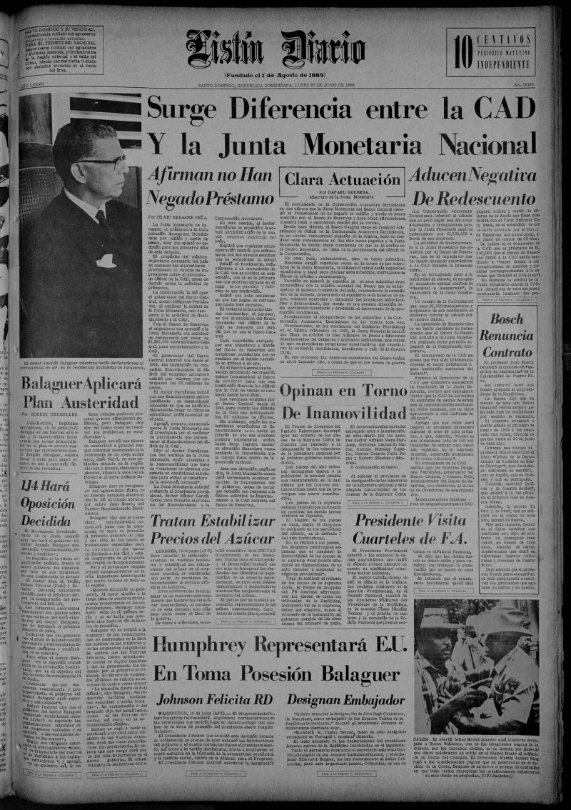 Portada de Listín Diario del 20 de junio de 1966