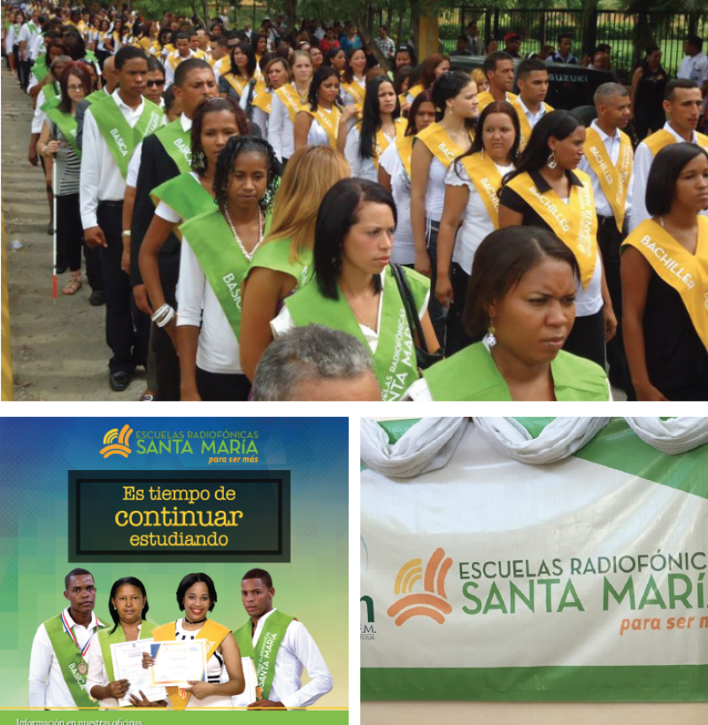 1 y 3) Desfile de graduados. 2) Promoción de la excelencia educativa de Radio Santa María.