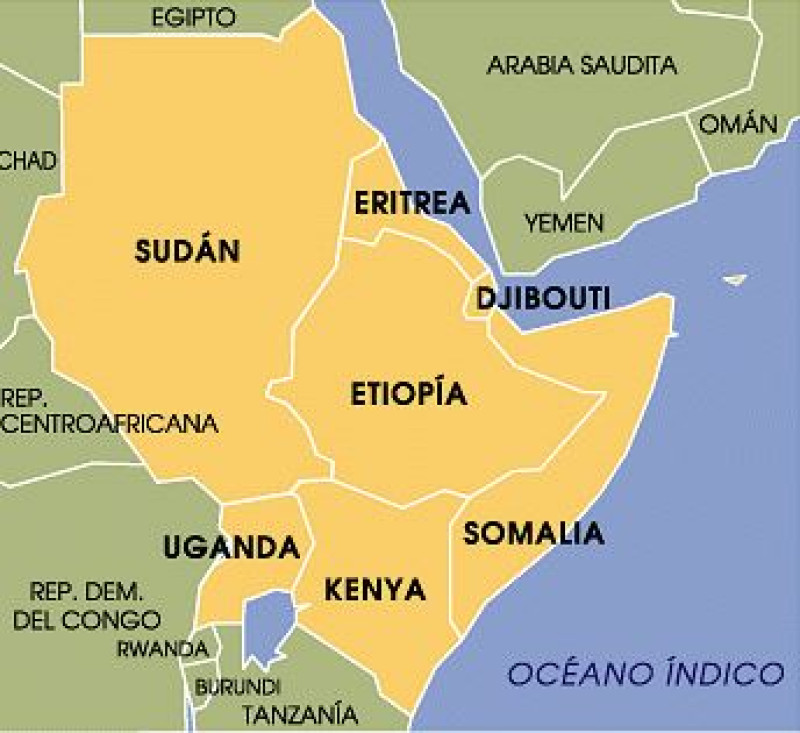 Los siete países amarillos son el Cuerno de África. Fuente: FAO